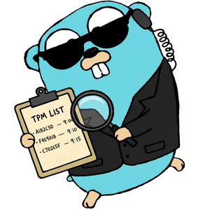 A Go gopher in a suit and sunglasses, holding a clipboard labelled TPM LIST and checking it with a magnifying glass.